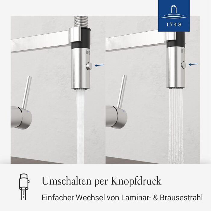 Змішувач кухонний Villeroy & Boch Steel Expert Compact, нержавіюча сталь, поворотний вилив, економія води, висота 143 мм
