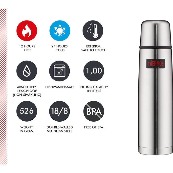 Термос для напоїв THERMOS Light & Compact 1 л, нержавіюча сталь, червоний, ізольована пляшка з чашкою, зберігає тепло до 12 годин, холод до 24 годин, герметичний, BPA-free, можна мити в посудомийці
