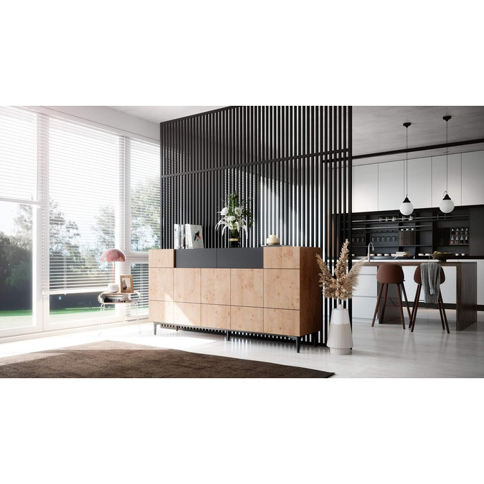 Комод Newfurn чорний дикий дуб, вінтажний індустріальний стиль, 180x90x42 см, для вітальні, спальні, передпокою, їдальні