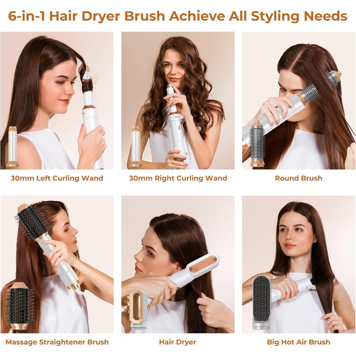 UKLISS Airstyler 5-в-1: Фен-щітка для волосся з насадкою для завивки, іонізація, золотий колір