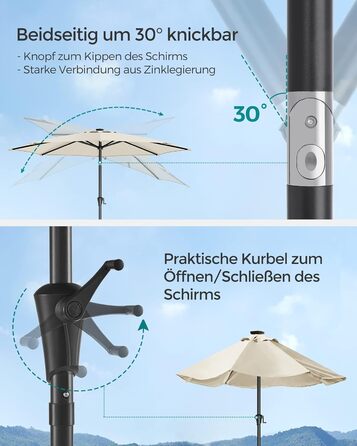 Парасоля SONGMICS 300 см з LED-сонячним підсвічуванням, 32 LED-лампочки, UV-захист UPF 50+, нахил 30°, для саду, тераси, басейну, балкона, без основи, бежевий
