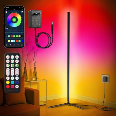 LED Торшер у вітальню RGB з димером, пультом та керуванням через додаток. Кутова LED лампа з 16 млн кольорів, 68+ режимів, музичний режим для спальні та геймінгу