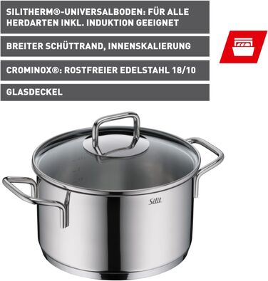 Набір кухонного посуду Silit Extra Cook: каструлі 16/20/24 см з кришками, ковшик 16 см, мірна шкала, широкий зливний край, придатний для миття в посудомийній машині, з нержавіючої сталі Crominox
