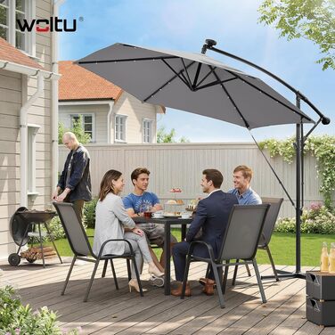 Прямокутна парасолька від сонця WOLTU 300 см з сонячною LED-підсвіткою, поворотна на 360°, захист UPF 50+, для тераси, саду та балкона, бежевий/темно-сірий