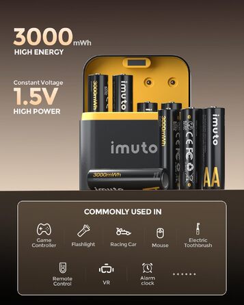 Набір літієвих акумуляторів imuto AA 1.5V 3000mWh (8 шт.) з зарядним пристроєм, 2500 циклів перезарядки