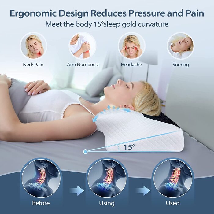 Ортопедична подушка HOMCA з піни Memory Foam, ергономічна подушка для підтримки шиї та голови, для сну на боці, спині та животі, знімний чохол, чорна, 60x35x8/12 см