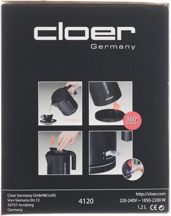 Електрочайник Cloer 4120, 2200 Вт, 1,2 л, чорний, захист від перегріву, велика індикація рівня води