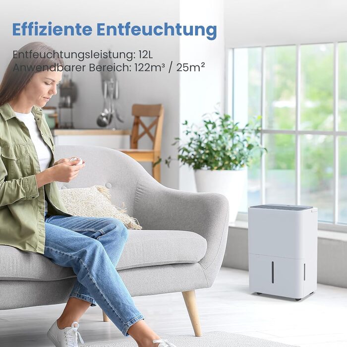 Електричний осушувач повітря Newentor 12L для підвалу, 35dB, з гофрованим шлангом 1м, для приміщень до 25м², 10 років гарантії, фільтр, таймер, 12л/день