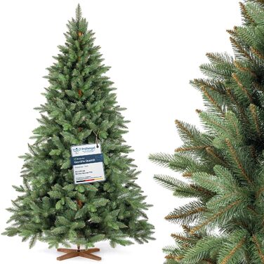 Штучна ялинка FAIRYTREES Nordmann Premium 220 см, білий засніжений сосновий колір, PVC, з натуральними шишками та дерев'яною підставкою