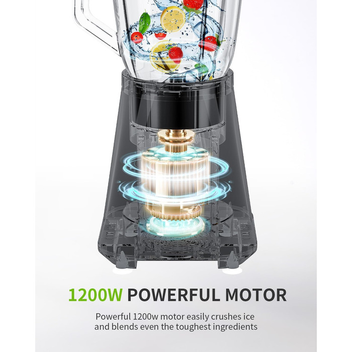 Блендер стаціонарний GDOR 1200W зі скляною чашею 1.5л та дорожнім стаканом 650мл для смузі, коктейлів, соусів