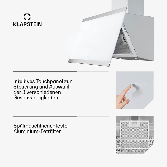 Витяжка кухонна Klarstein FlashLine 60 см, біла — сенсорне керування, продуктивність 524 м³/год, клас енергоефективності A++, LED-підсвітка, режим відведення та рециркуляції повітря