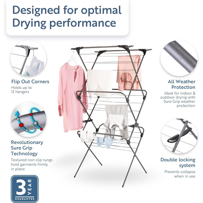 Сушарка для білизни Minky Premium Sure Grip, 3 рівні, нержавіюча сталь, червона, стандартний розмір