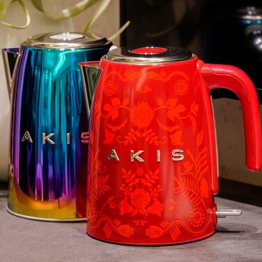 Електрочайник AKIS La Fête Design 1,7 л, 2400 Вт, нержавіюча сталь, з фільтром від накипу, ретро стиль, червоний з квітковим візерунком бароко