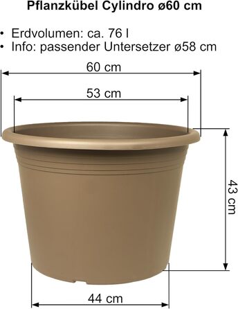 Квітчар вазон циліндричний ø60 см + підставка ø58 см, стійкий до погодних умов, з UV-стійкого пластику (набір вазон ø60 + підставка ø58 см, Таупе)
