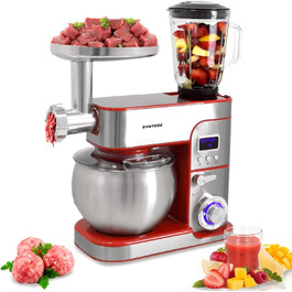 Кухонна машина Syntrox Kagus 6 л, м'ясорубка, 1300 Вт, нержавіюча сталь, червона, LED-дисплей, таймер, насадки для тіста та збивання
