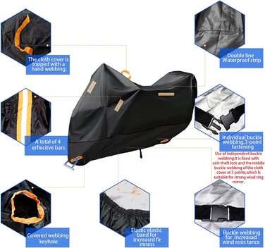 Baogaier Мотоциклетний чохол 300D, водонепроникний, XXXL, посилений, для вулиці, з подвійними швами та замковим отвором, 265x105x125 см, чорний