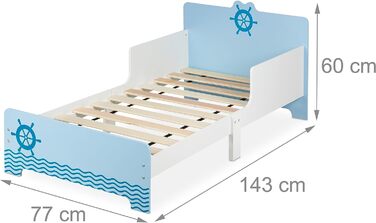 Дитяче ліжко Relaxdays з бортиками, 60x77x143 см, з ламелями, морська тематика, МДФ, синє/біле