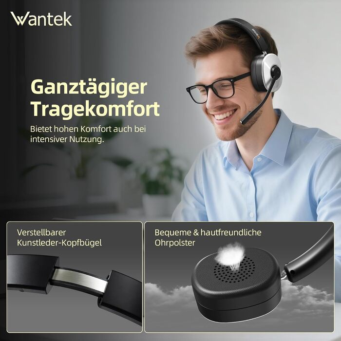 Бездротова гарнітура Wantek з мікрофоном та зарядною станцією, Bluetooth-навушники з USB-адаптером для кол-центру, офісу, Zoom, Skype та Teams, чорно-сріблясті