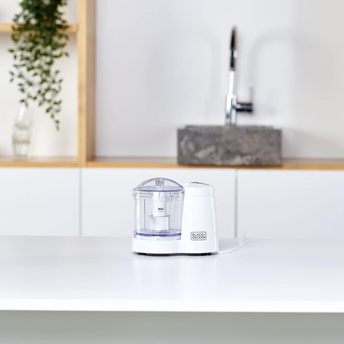 Подрібнювач Black+Decker BXCH120E, 120 Вт, 350 мл, 1 швидкість, нержавіючі леза, просте очищення, біло-сірий