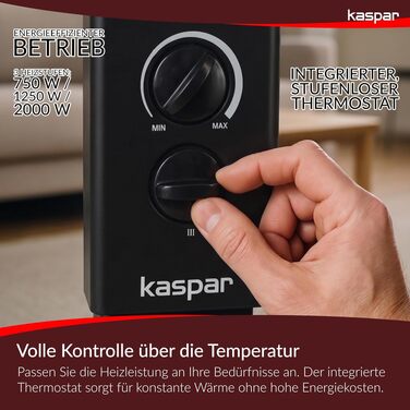 Електричний конвектор Kaspar 2000 Вт з термостатом, обігрівач приміщень (чорний, без турборежиму)