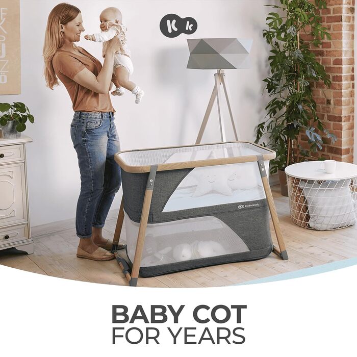 Дитяче ліжко-манеж Kinderkraft SOFI 4 в 1 - сірий, манеж для малюків, туристичне ліжко, ліжко з бічними бортиками, функція бігуна, сучасний дизайн, компактний у складеному стані
