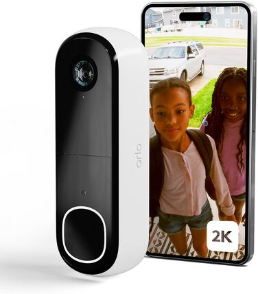 Arlo 2K HD відеодзвінок із камерою, бездротовий Wi-Fi домофон з датчиком руху, двостороннім аудіо, сиреною, нічним баченням, сумісний зі Smart Home та Alexa, білий, тестовий період Arlo Secure Plan