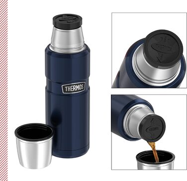 Термос із нержавіючої сталі 470 мл Thermos, синій, із чашкою, зберігає тепло 12 год, холод 24 год, герметичний, BPA-free, для напоїв, без ручки, можна мити в посудомийці