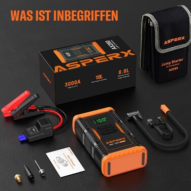 Бустерний пускач ASPERX 3000A з компресором 150 PSI, Powerbank для авто та мотоциклів 12V (до 10л бензин / 8л дизель), з LED-ліхтарем, чорно-помаранчевий