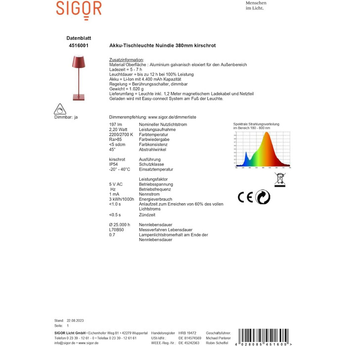 Настільна LED лампа SIGOR Nuindie, димована, акумуляторна, для дому та вулиці, IP54, 38 см, 12 годин, легке заряджання, червона