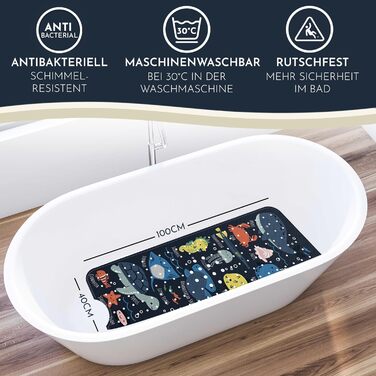 Дитячий килимок для ванни Homerella, антиковзний, 100% BPA Free, 100x40 см, з 2 гачками, гіпоалергенний, стійкий до плісняви, можна прати, темно-синій з морським дизайном