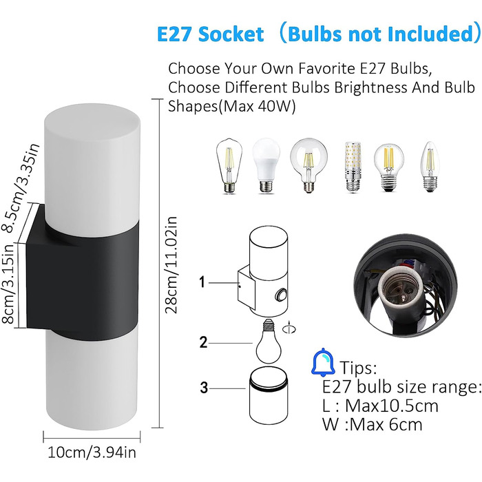 Комплект з 2 зовнішніх настінних світильників Klighten E27, двостороннє освітлення, чорний алюміній, IP65, для тераси та входу, без ламп і датчика руху