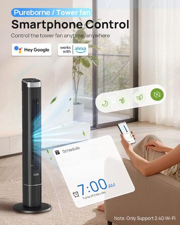 Вентилятор вежовий Leiser Smart 25дБ з осциляцією 90°, 4 режими, таймер 12 год, 109 см, чорний