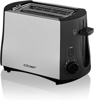 Тостер Cloer 3410, 825 Вт, для 2 тостів, з підставкою для булочок, функція додаткового підйому, піддон для крихт, матовий теплоізольований металевий корпус