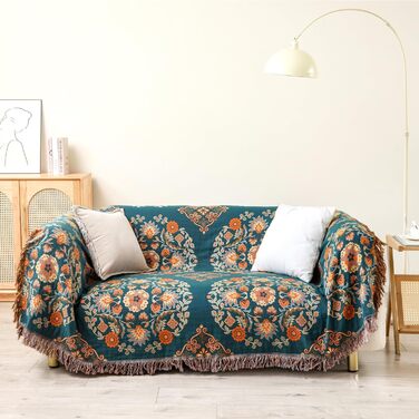 Двосторонній плед HOORDRY з бавовни Boho 150x200 см, покривало на ліжко, диван чи крісло, зелений та помаранчевий, з візерунком, для сну чи відпочинку