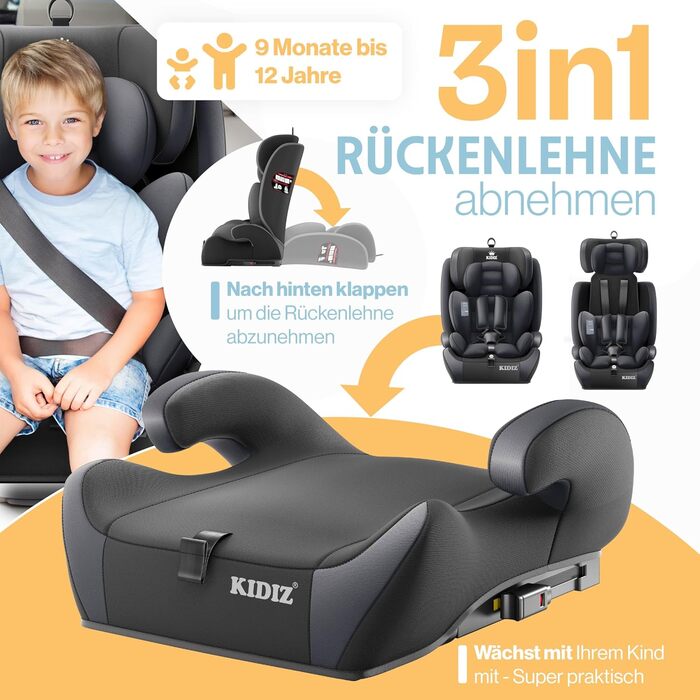Автокрісло KIDIZ® 1+2+3 для дітей 9-36 кг з 5-точковим ременем безпеки, регульованою підголовником та Isofix (антрацит)