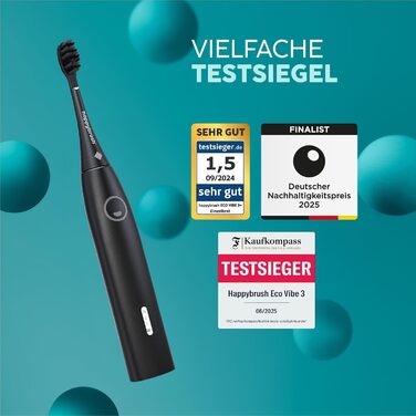 Електрична звукова зубна щітка happybrush® Eco Vibe 3+ – Чорний колір – 2 роки гарантії