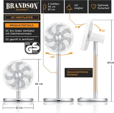 Енергозберігаючий підлоговий вентилятор Brandson ECO з дистанційним керуванням, безщітковим тихим мотором, 9 режимами, таймером, осциляцією 60°/90°/120°, білий, переможець 2024 року