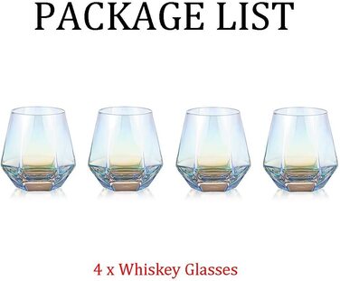 Набір з 4 склянoк Diamond Whisky, 300 мл, скло, сучасний дизайн, для віскі, бурбону, рому, для чоловіків і жінок, барний тумблер, райдужний