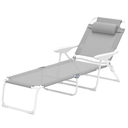Outsunny Sun Lounger Складний садовий шезлонг з подушкою, шезлонг з регульованою спинкою в 4 напрямках, стійкий до погодних умов шезлонг для кемпінгу, садове крісло навантаження до 120 кг, для саду на відкритому пляжі світло-сірий