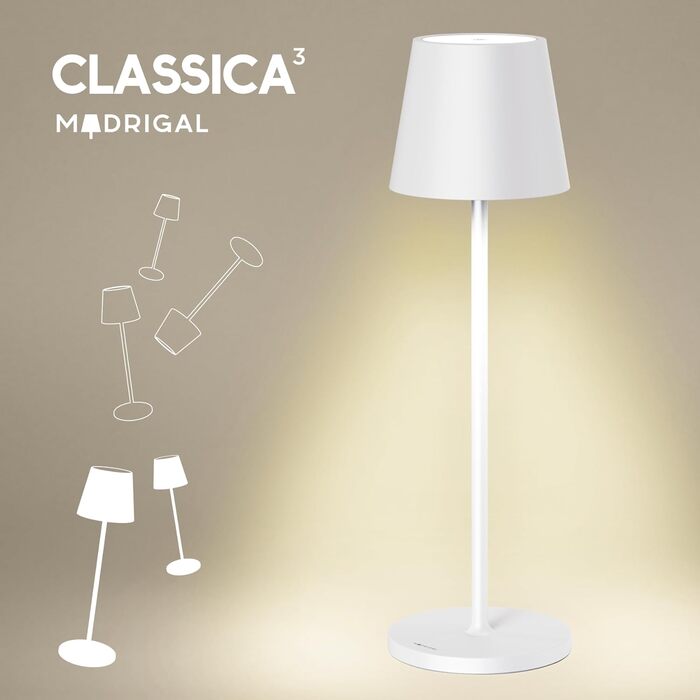 Світлодіодна настільна лампа Stilosa Classica 3, димуюча, акумуляторна, IP54 для дому та вулиці, тепле світло, дизайнерська, USB-C, матово-біла, кругла основа, 38 см