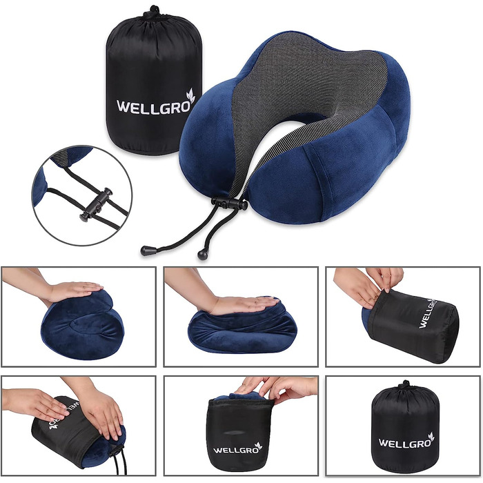 Дорожній набір WELLGRO: ортопедична подушка для шиї з пам'яттю форми, 3D маска для сну, беруші, знімний чохол, темно-синя
