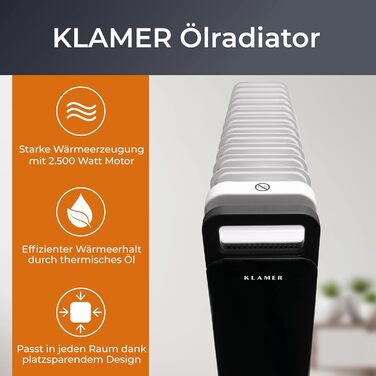 Масляний радіатор KLAMER 2500 Вт, 13 секцій, економний, електрообігрівач з термостатом, таймером, 3 режими, ECO, захист від перегріву і перекидання, дистанційне керування, чорний, для приміщень