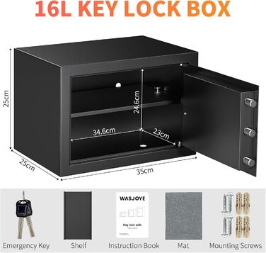 Сейф Safe Tresor з ключем WASJOYE для дому/офісу, великий настінний сейф з 2 ключами для грошей, прикрас, ліків та документів (45*35*31см, 19л)