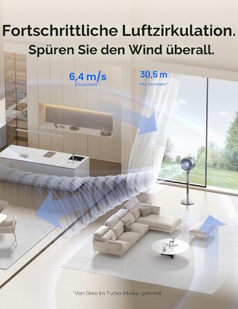 Dreo Smart вентилятор підлоговий з осциляцією 120°/85°, регульована висота 102-112 см, тихий DC вентилятор для спальні, потік повітря 30.5 м³/хв, 10 швидкостей