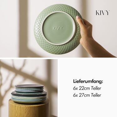 Набір посуду KIVY на 6 осіб, 12 предметів, стійкий до подряпин та посудомийної машини, сучасний зелений сервіз: 6 обідніх тарілок 27 см і 6 десертних тарілок 22 см