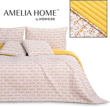Покривало AmeliaHome Folky 240x260 см, двостороннє, легке у догляді, стьобане, з фольклорним рослинним візерунком, жовто-біло-оранжеве