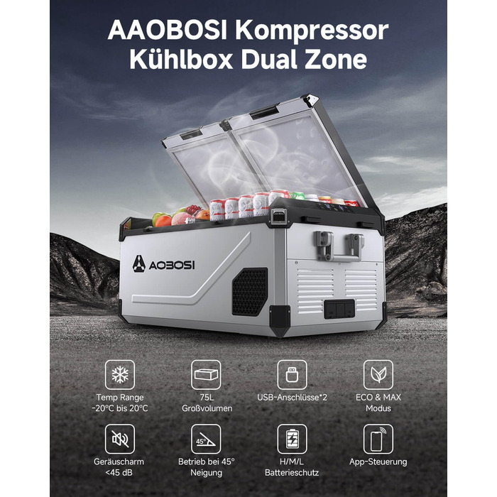 Автомобільний компресорний холодильник AAOBOSI з Wi-Fi, LED підсвіткою та колесами (-20°C/+20°C, 12/24V, 100-240V) для авто, кемпінгу, подорожей