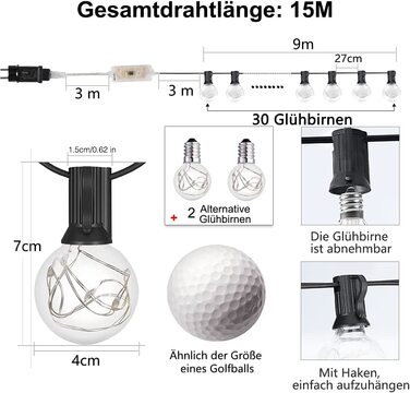 Гірлянда 30 LED для вулиці, кольорова, 9 м, 16+ кольорів, водонепроникна IP65, G40, з пультом ДУ, для саду, балкона, весілля, вечірки