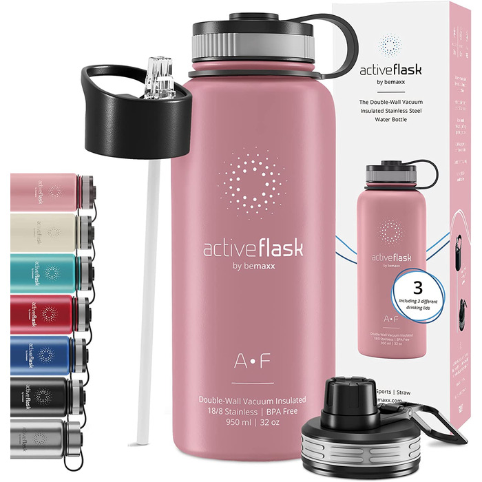 Термобутилка з нержавіючої сталі ACTIVE FLASK 950 мл, ізольована, з трубочкою, 3 кришки, BPA-free, герметична, для газованих напоїв, для води, спорту, велосипеда, дітей, чай, рожево-сіра