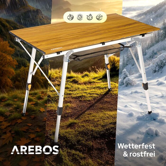Складаний кемпінговий стіл Arebos 120x70 см, регульована висота 58-78 см, коричневий — для пікніка, саду та гриля, з сумкою для перенесення